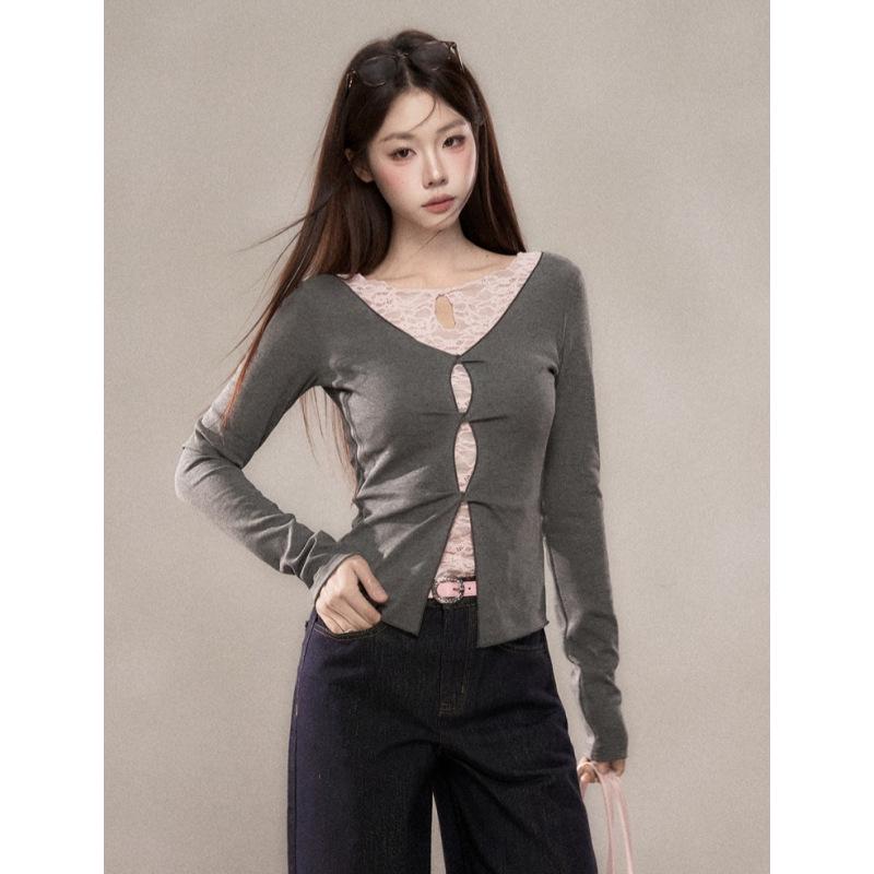 260g Cotton Modal Lace Hollow Round Neck Slim Fit Top Large светло-серый