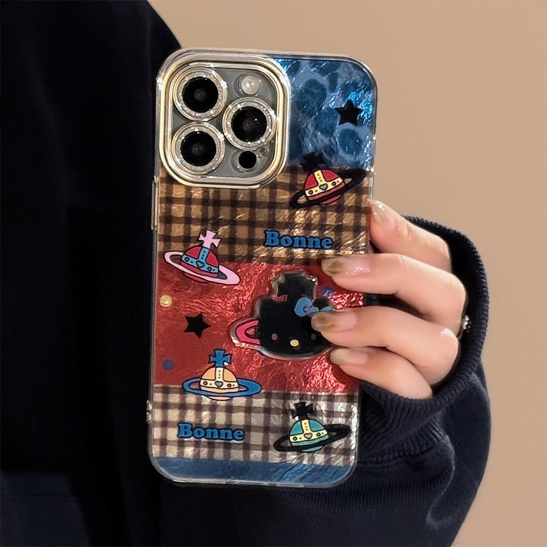 

Checked Splicing Cat Planet Suitable for Iphone17 Mobile Phone Case Apple 16 Lanyard 14promax Three Dimensional 13 Hard 12pro