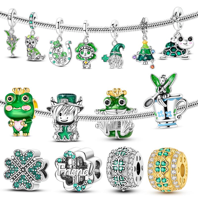 925 Silver Green Charms Beads Frog Clover Turtle Pendant Jewelry Fit Original Bracelet For Women DIY Gift