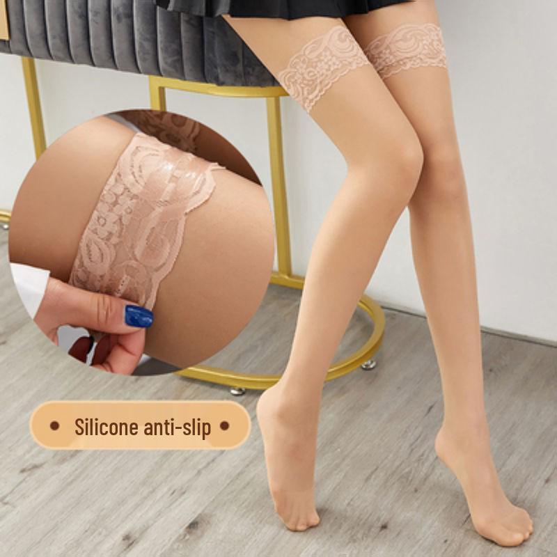 Fei Rui Ultra-Thin Black Lace-Edged Thigh-High Silk Stockings - Summer Anti-Snag & Anti-Slip