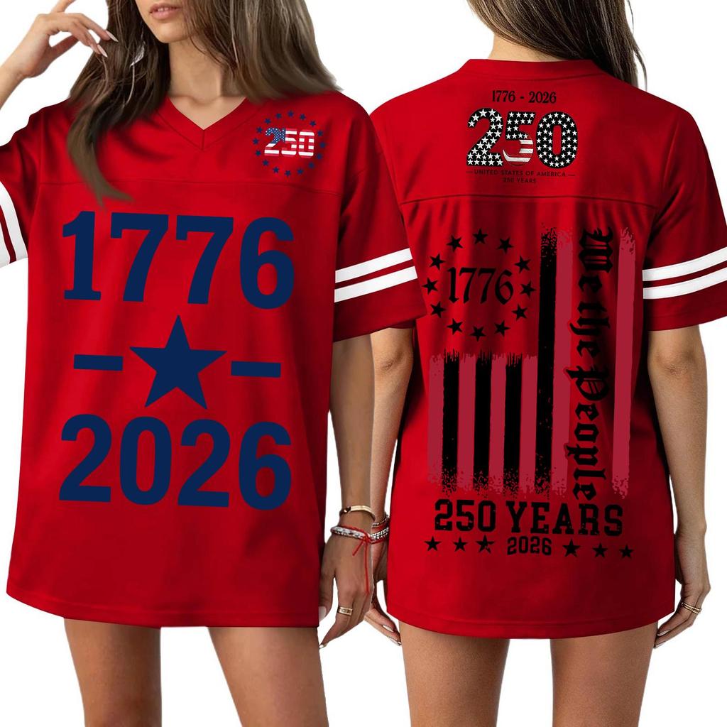 Women V Neck Casual Loose Fit Sports Jersey Top with 250th Anniversary Print Short Sleeve Independence Day Shirt