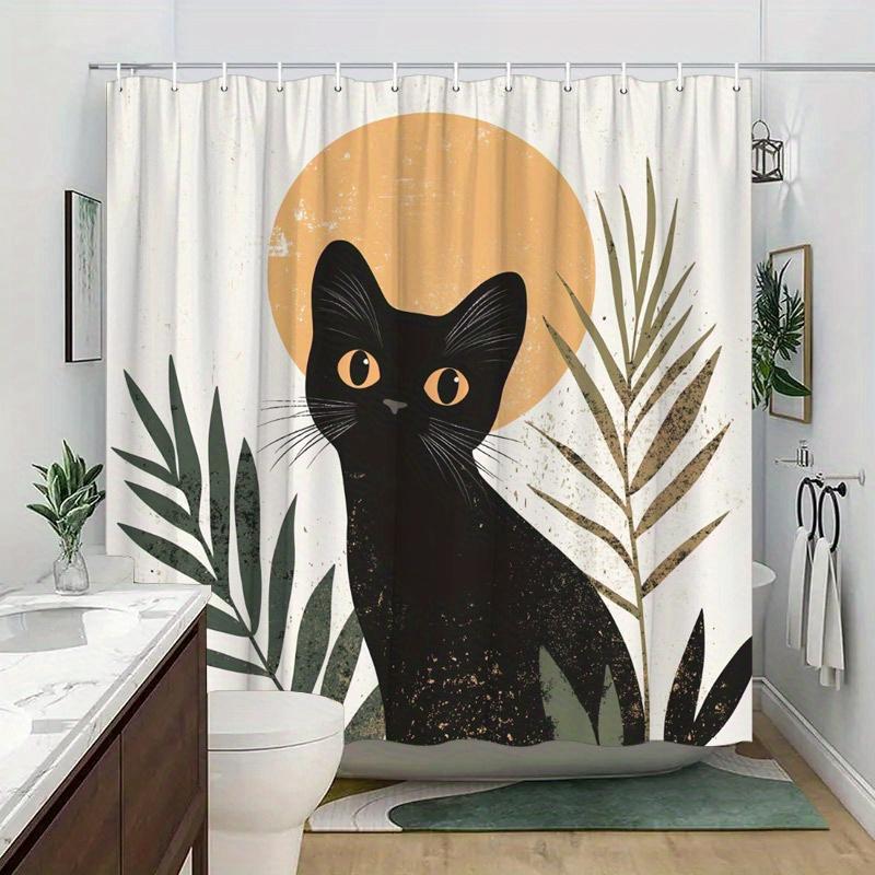 1Pc Black Cat & Green Plants Shower Curtain - Orange Eyes, Leafy Accents, Sun Shape, 70.8X70.8", Polyester, Modern Design