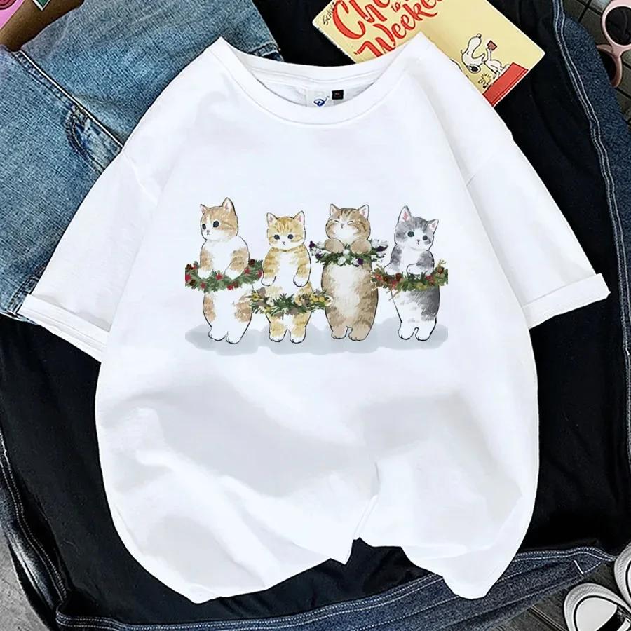 Kawaii Cat WoPrint T-shirt Girl Animal Y2K Fashion 90S Harajuku Print Tops Tee Gril Black White Summer Clothes Tshirts