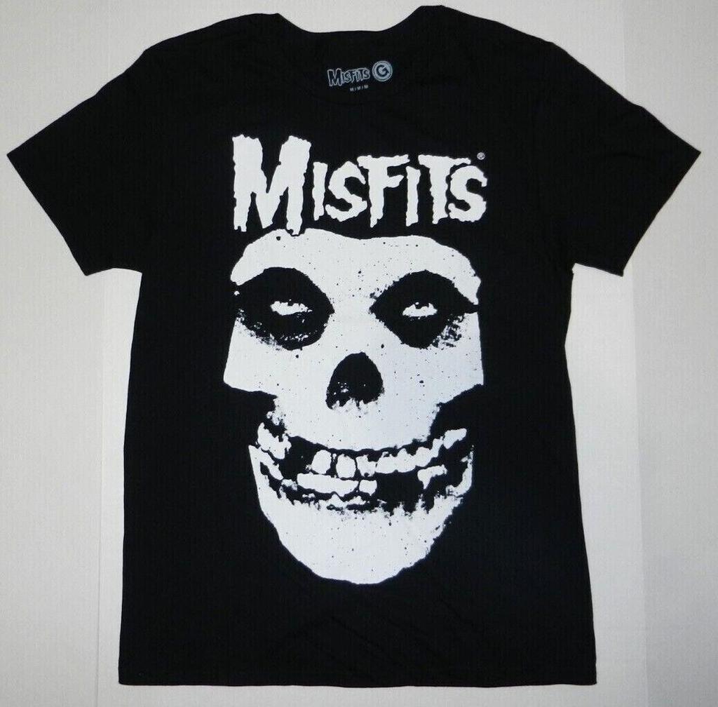 Maglietta Nera Classica con Teschio e Logo della Rock Band Misfits Nuova