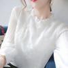 White Ruffled Mock Neck Embroidered Long Sleeve Chiffon Blouse for Women