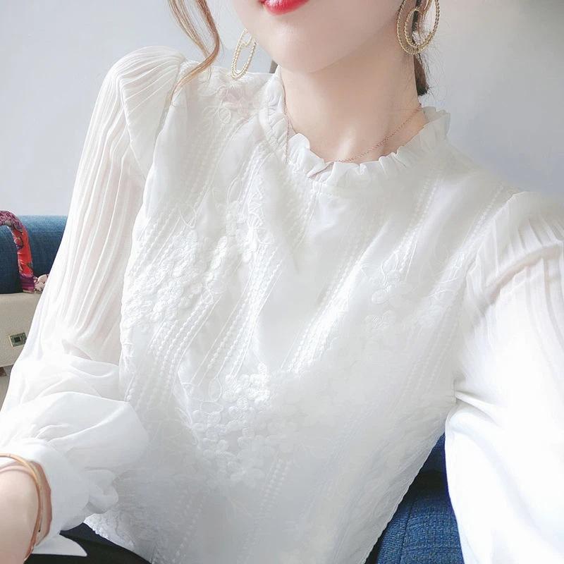 

white ruffled mock neck embroidered long sleeve chiffon blouse for women M білий