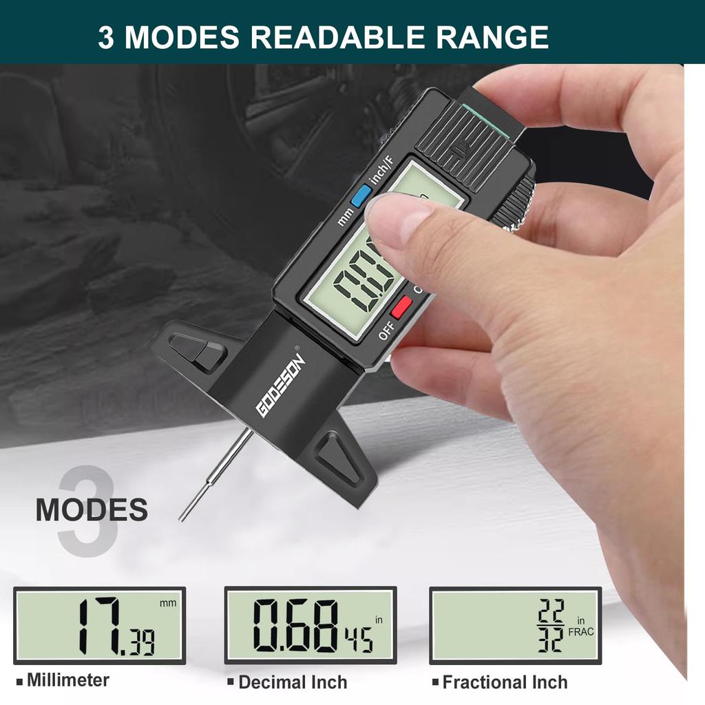 GODESON Tire Tread Depth Gauge, Digital Tire Tread Depth Gauge With 3 Modes-Fractional Inch, Decimal Inch And Millimeter, Tire Depth Gauge For
