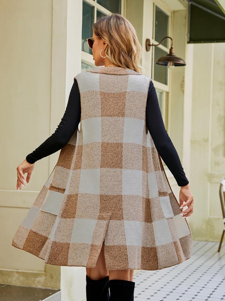 Women's Long Suit Collar, Sleeveless Sweater Jacket, Checkered Jacquard Knitted Vest, Outer Cardigan