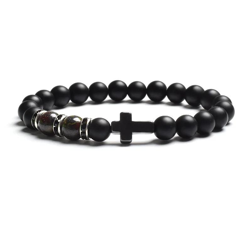 Fashion Religion Cross Men Women 8mm Natural Stone Tiger Eye & Black Matte Agates Bead Bracelet Elastic Bracelet Bangle Jewelry