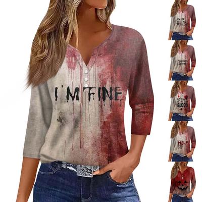 Damska moda swobodna, trzy czwarte rękawa, Halloween, litery, nadruk Ghost Face Top