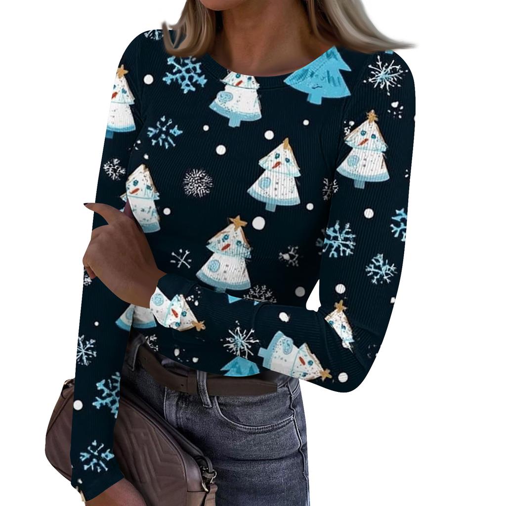 Γυναικείο Μοντέρνο Μπλουζάκι Βασικής Στρώσης Στενής Γραμμής με Στρογγυλή Λαιμόκοψη και Χριστουγεννιάτικη Εκτύπωση, Μακρυμάνικο Τοπ
