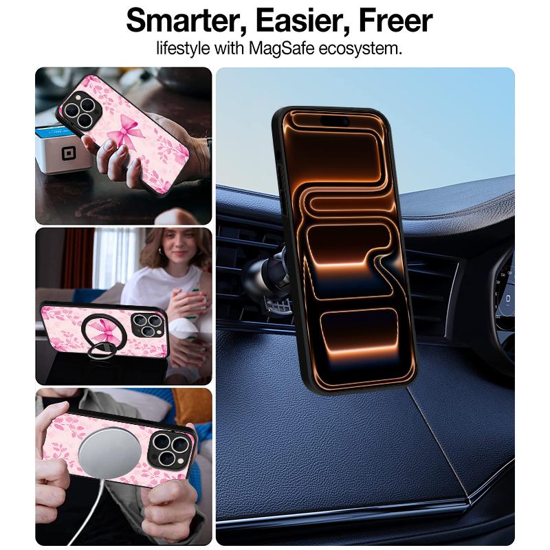 Translucent Matte Magnetic Case For iPhone 17 16 15 Pro 14 13 Pro Max 16e 17e For Magsafe Pink Bow Pattern Hard PC Phone Cover