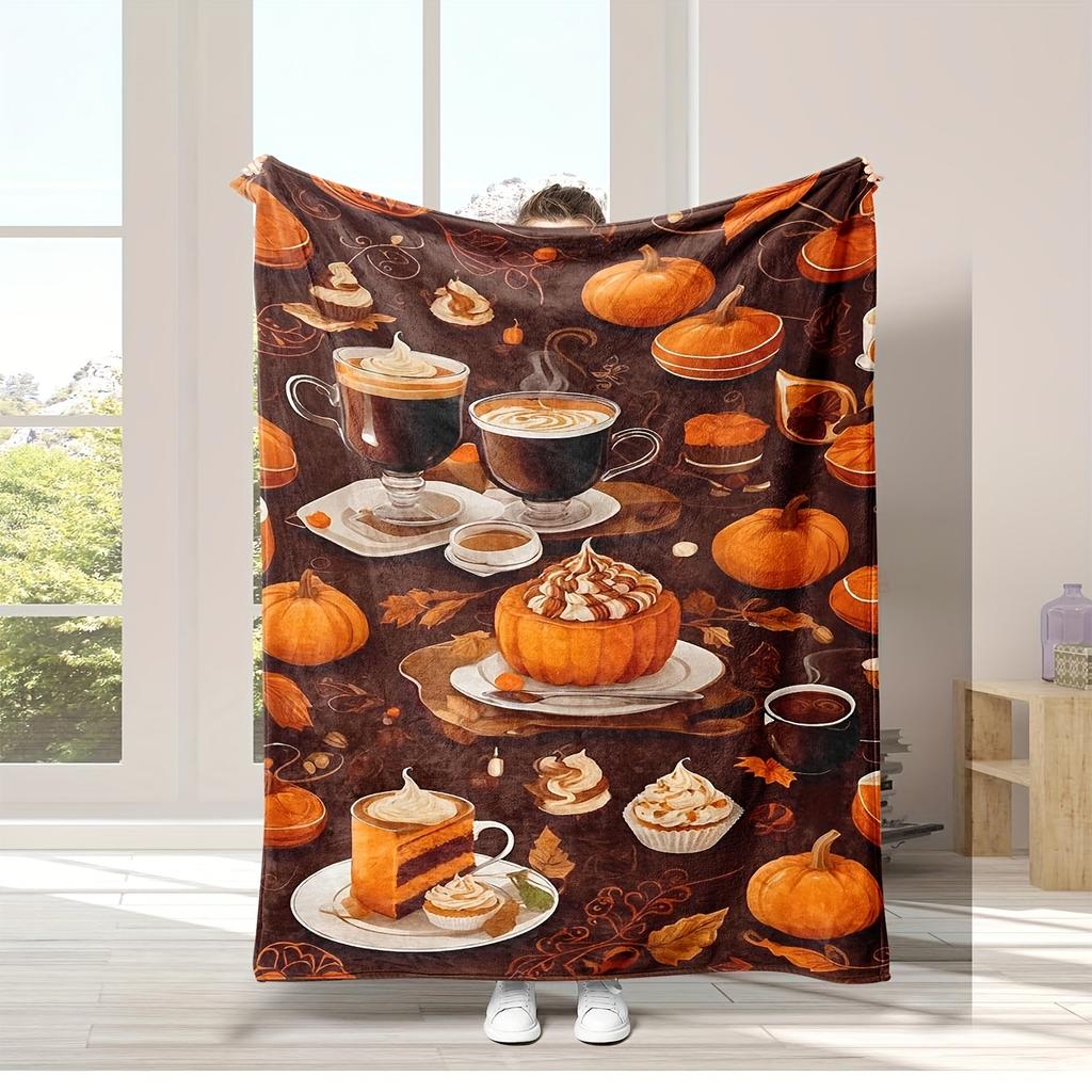Ultra-Soft Flannel Throw Blanket with Autumn Pumpkin & Beverage Design - Cozy, Anti-Pill Plush for Couch, Bed, Office Naps