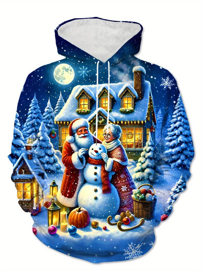 Men's Vintage 3D Santa & Snowman Print Hooded Sweatshirt - Christmas Winter Pullover Sweater, Machine Washable Casual Sweaters for Holiday Parties &