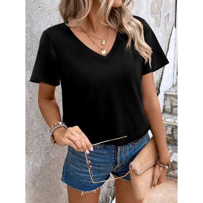 Women's Comfortable V-Neck T-Shirt - Oversized Short-Sleeve, Curved Hem Design, Soft Fabric for Daily & Casual Wear