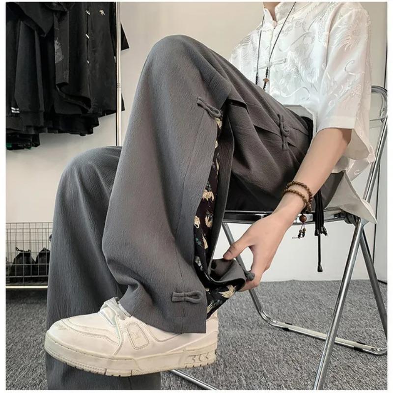 

Men s Clothing Chinese Style Buckle Trousers Thin Summer High-end New Style Drape Casual Loose Straight L сірий колір