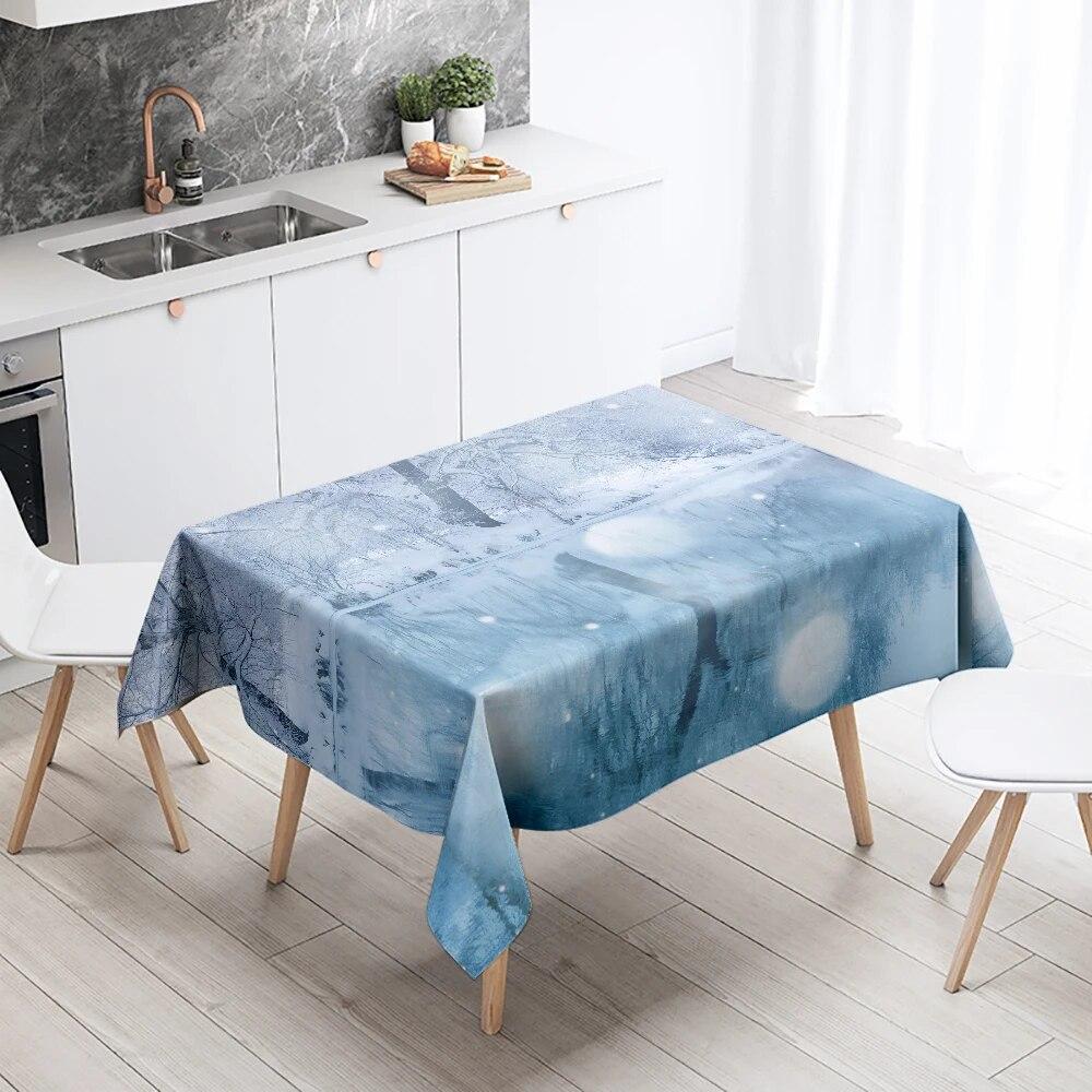 Față de masă cu zăpadă de iarnă frumoasă, anti-fouling, impermeabilă, dreptunghiulară, pentru decorarea casei