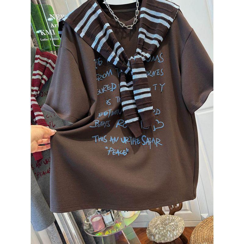 Plus-Size 150kg American-Style Brushed Thickened Letter-Print Shawl Short-Sleeve T-Shirt for Women, New Spring and Autumn Slimming Top