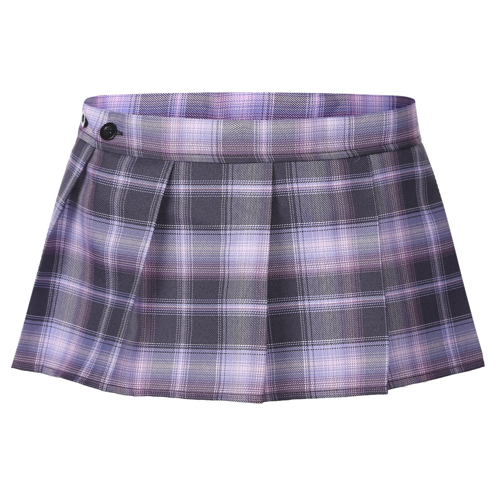 

Женская клетчатая плиссированная мини-юбка школьница костюм пуговиц разрез дизайн рейв вечеринка клубная одежда One Size фиолетовый