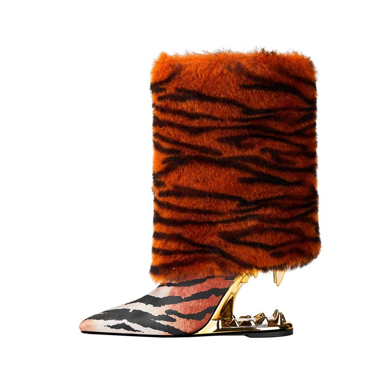 Fashion Kaky's New Fur Boots Tiger Print Leopard Print Pointed Toe Large Irregular Heel Short Boots for Women