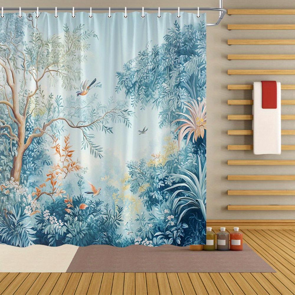

[Легкий уход] Шторка для душа «Тропический лес» - Пышная зелень, Оранжевые и Желтые Цветы, Корявое Дерево, Птицы, Полиэстер W90XH180cm