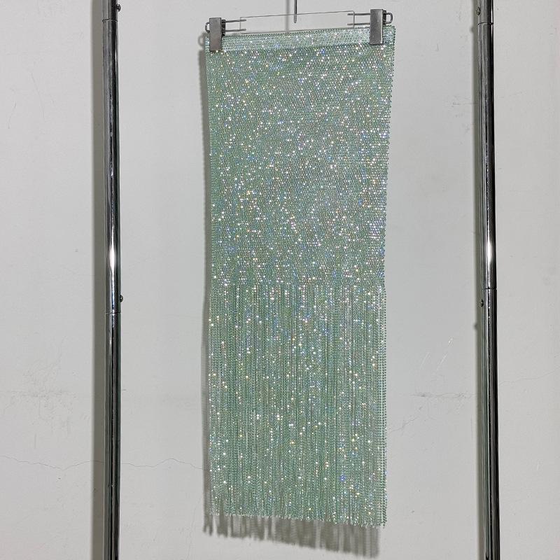 Yanni Lake Blue Rhinestone Tassel Bodycon Dress with Slimming Midi Skirt & Long Sleeve Top