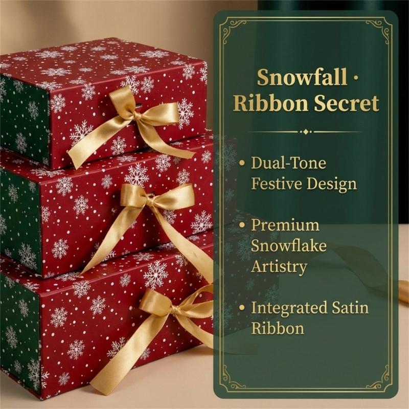 Christmas Treat Box with Gold Ribbon, Paperboard Favor Packaging for Chocolates, Jewelry, and Holiday Table Gifts