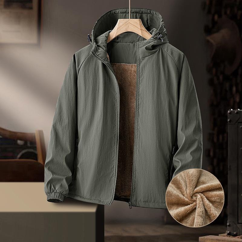 Men's Autumn and Winter Plus Velvet Loose Casual Windproof Waterproof Mountain Retro Middle-aged and Elderly Men's Hooded Top Jacket