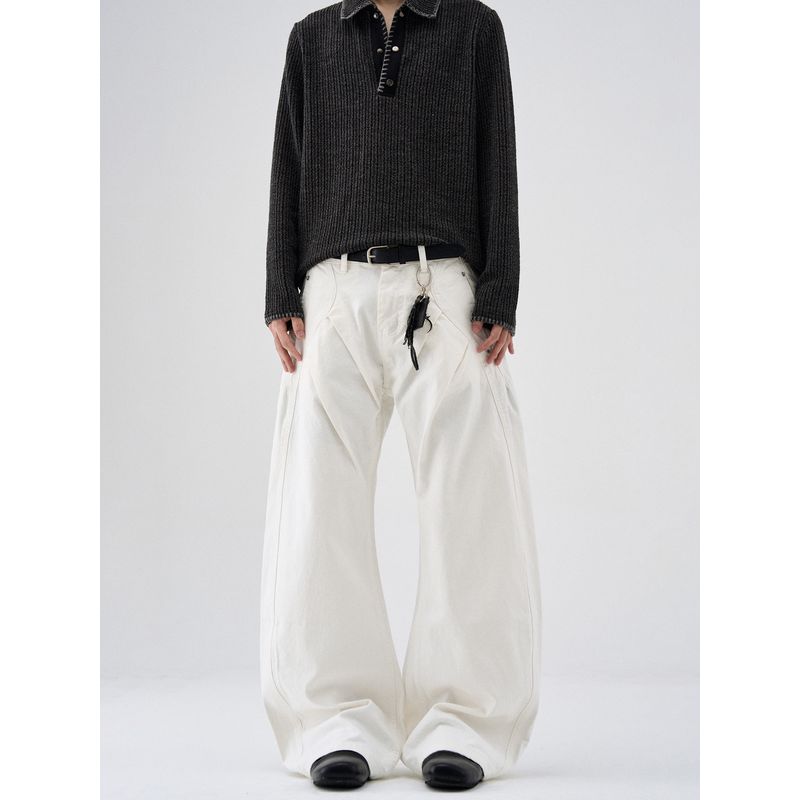 Kisko American Retro Cut Deconstructed White Scimitar Jeans Unisex Trendy Loose Straight Casual Pants