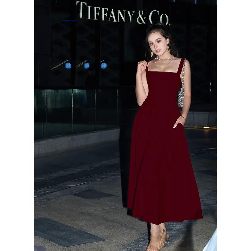 Damen Dickes Träger Square Neck Rückenbindung Figurbetontes Maxikleid A-Linie Party Abend Langkleid