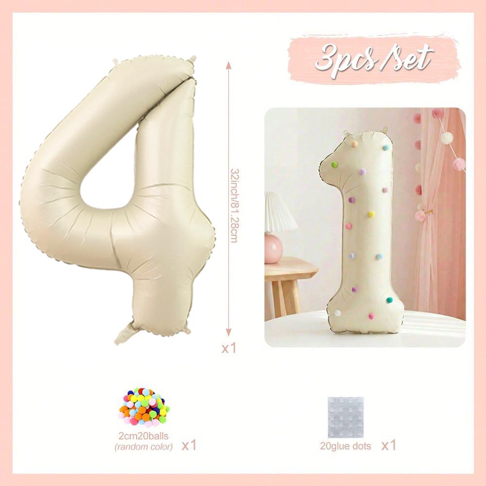32 Inch Aluminum Foil Balloons, Milky White Numbers 0-9 for Birthday Party Decoration, 20 Plush Balls for Celebrating Birthdays