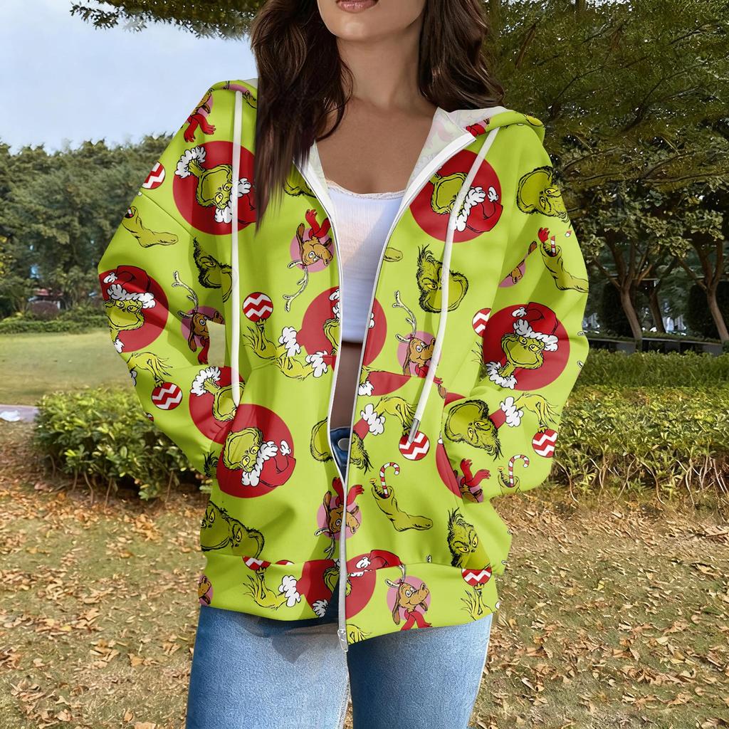 Women's Casual Fashion Long Sleeve Zipper  Printed Hooded Sweatshirt