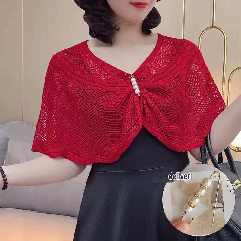 

Жіночий модний в язаний шаль, сукня чонсам та кардиган з хвилястим візерунком One Size [80-160 jin] with Brooch яскраво-червоного кольору