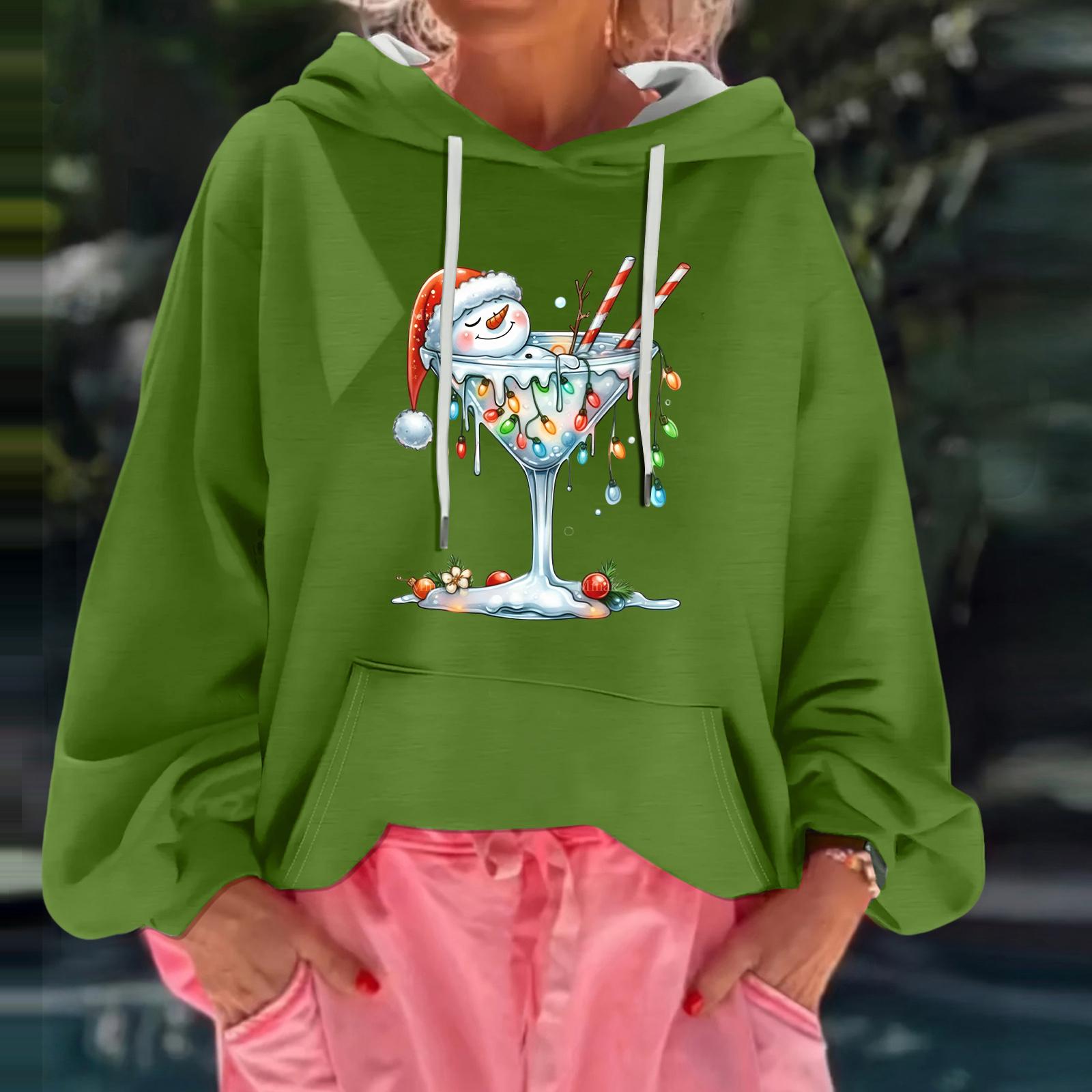 

Women s Christmas Print Loose Casual Long Sleeve Hooded Sweatshirt XXL зелёный