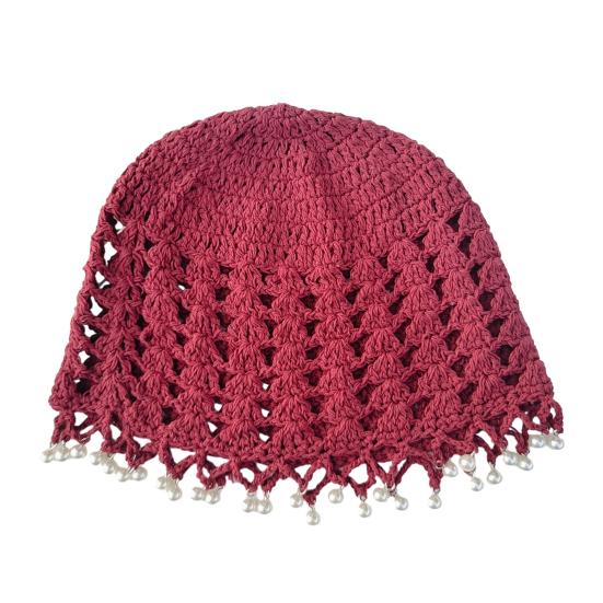 Knitting Hat Bohemian Style Hollow Design Women Hat with Faux Pearls Pendant Lightweight Elastic Hat Headwear