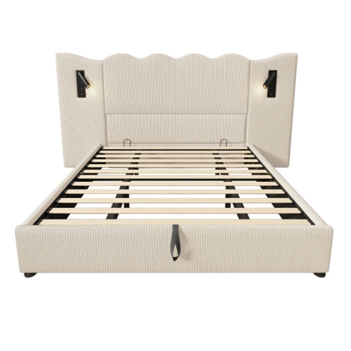 Lit Double Capitonné - MUVOE - 180 X 200 Cm - Beige - Tissu Velours Côtelé - Liseuse USB-C