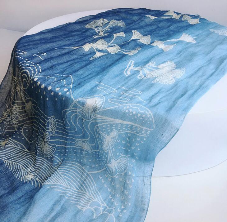 Gradient Blue Color Linen Soft Scarves Women Tie Dyed Ethnic Design Scarf Summer Travel Sunscreen Long Shawl 60x185cm