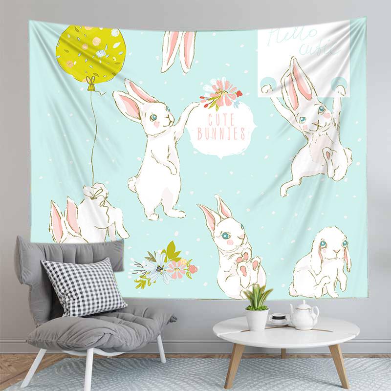 Cute Rabbit Print Tapestry for Girl Boys Dorm Room Decor Easter Rabbit Wall Hanging Kawaii Greetings and Presents for Easter Day