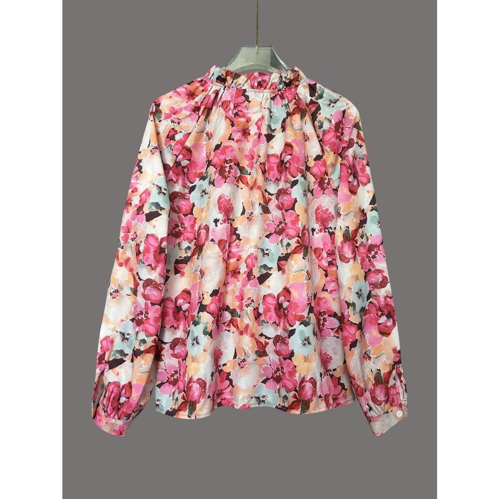 Summer Loose Lazy Style Printed Round Neck Blouse, Korean Style Casual Literary Shirt for Women, European American Crossbody Fashion Top