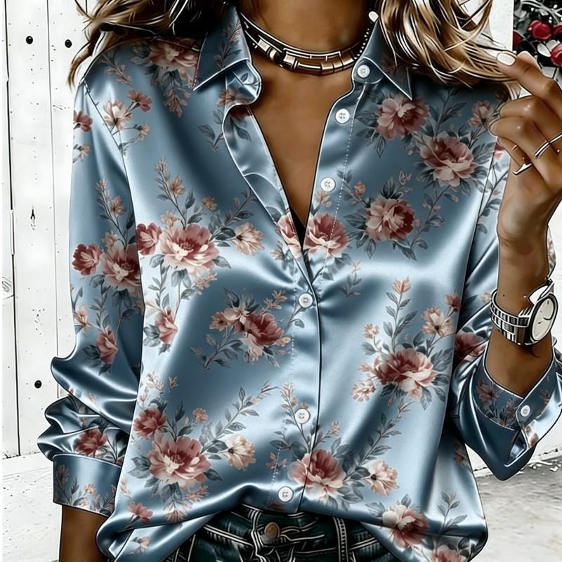 Dames Satin Lange Mouwen Shirt Vintage Roze Bloemenprint Blouse Kraag Enkelrijig Los Kantoor Tops