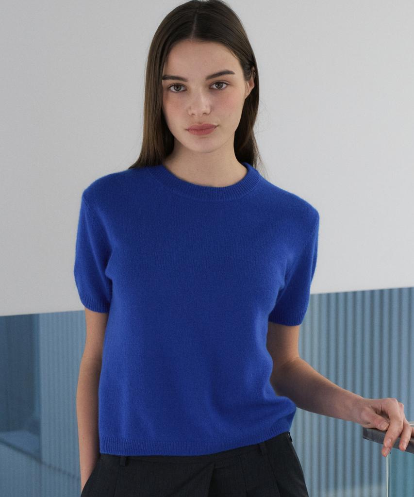 JE NE SAIS QUOI Sheer Cashmere Blended Crew Neck Short Sleeve Knit_Royal Blue
