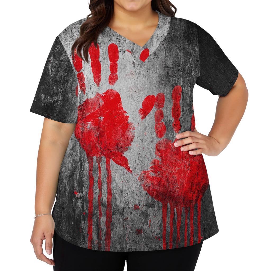 Halloween Print V Neck Short Sleeve Nurse Top with Double Pockets Split Hem Medical Scrub Shirt for Healthcare Workers and Caregivers
