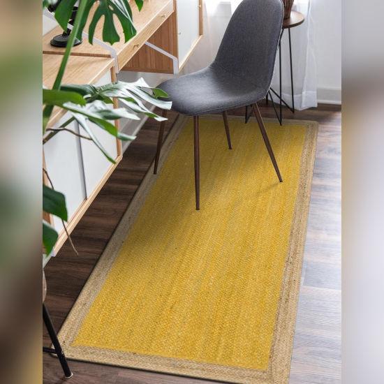 Aizza Trends Indian Handmade Braided Inner Yellow Natural Jute Area Rug- Jute Rug- Dining Room- Living Room