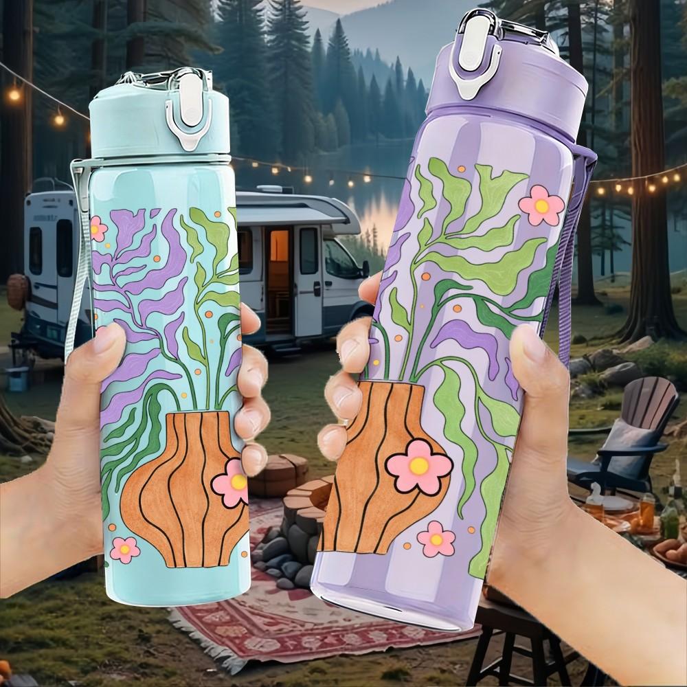 1PC Green Purple Abstract Leaf Pattern Print 750ml Color Plastic Sports Water Bottle Leakproof Flip Straw Lid Suitable for Sports Office Home Use