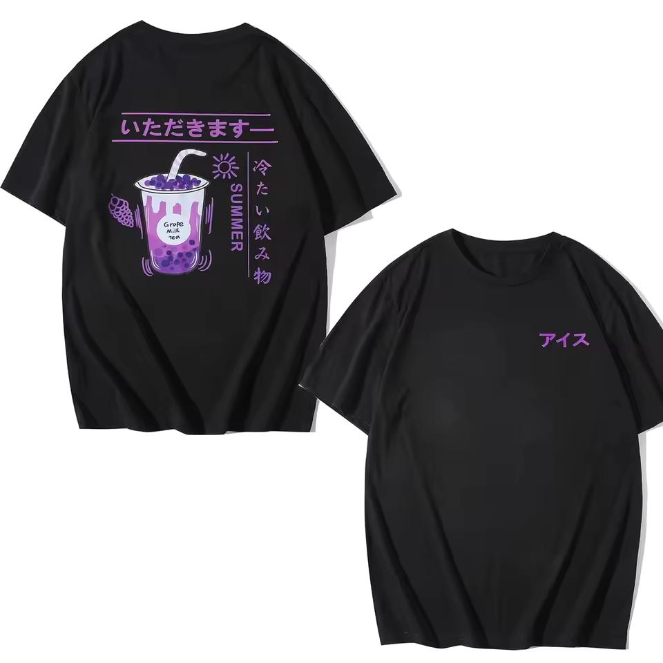 Japanese Vaporwave Grape Milk Tea T-Shirt Aesthetic Anime Harajuku Graphic Tee Men Women Oversized Summer Short Sleeve Top