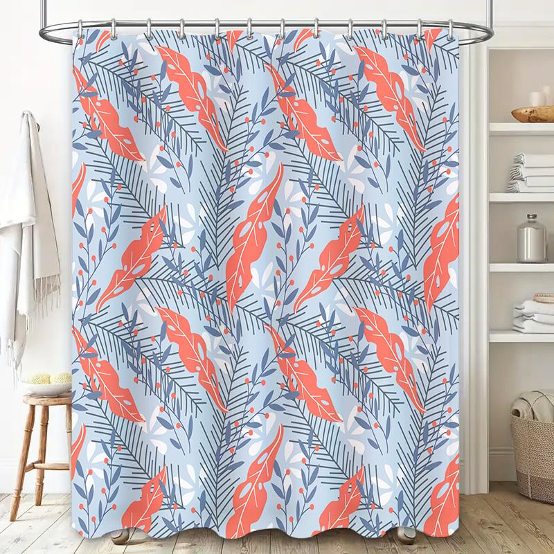 Blue Floral Leaf Shower Curtain Waterproof Bathroom Decor Home Accessories Customizable Size Modern Design Red Color