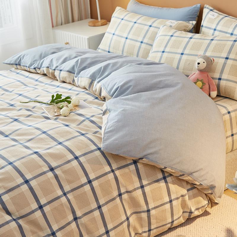 Unbedrucktes, vierteiliges, dreiteiliges, gewaschenes Bettbezug-Bettwäscheset im japanischen Stil mit kariertem Bettbezug