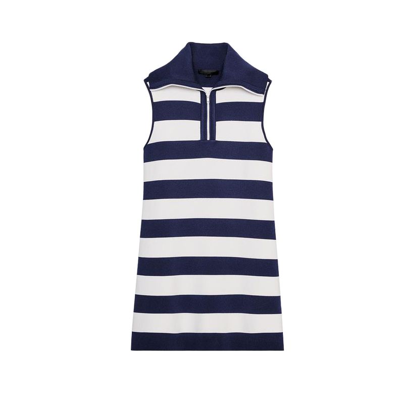 Spring and Summer New Women's Clothing Minimalist Wind Zipper Ornament Stripes Knitting Sleeveless Lapel Short Dress 9598081