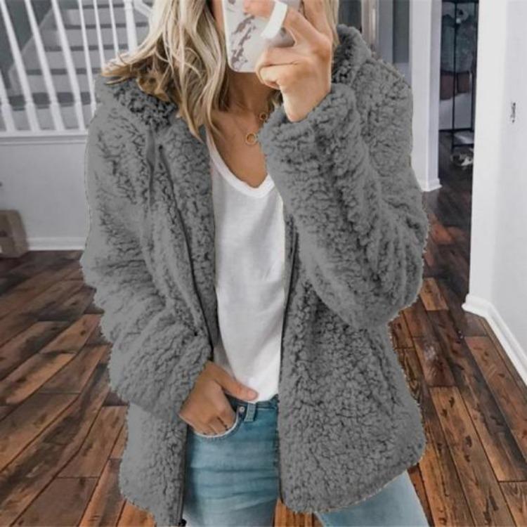 Warme Damen Sherpa Jacke mit Kapuze Fleece Mantel Freizeit Einfarbig Plüsch Reißverschluss Winddicht Herbst Winter Strickjacke