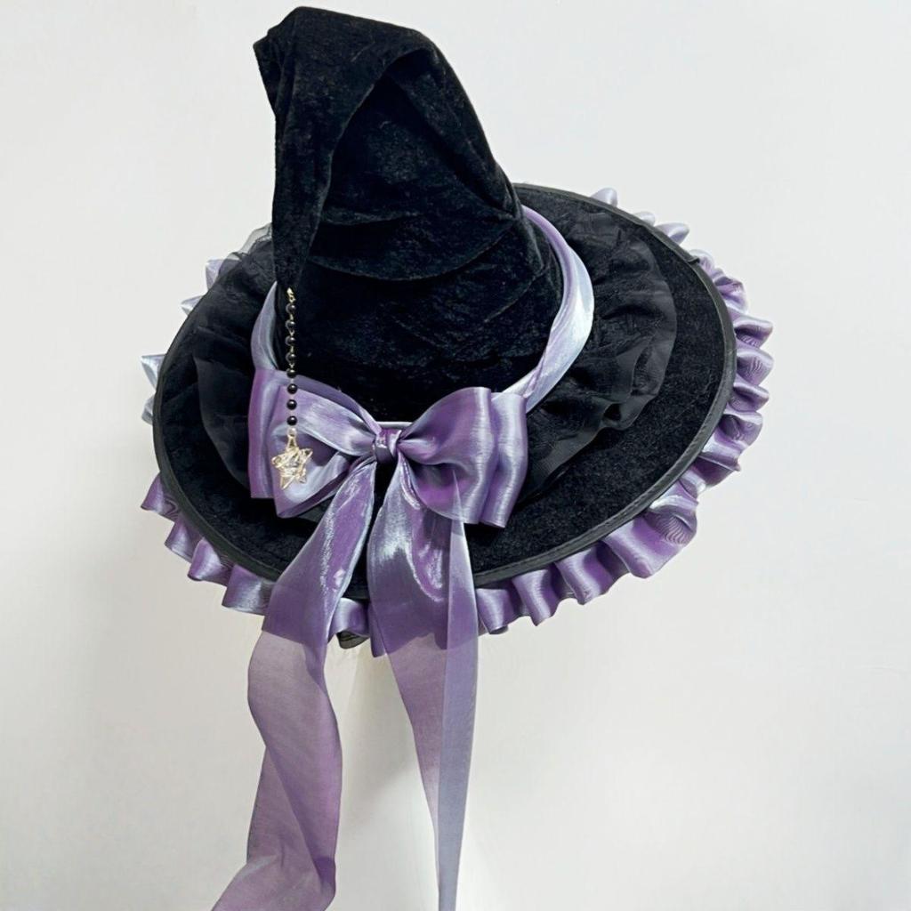 Handmade Dark Goth Lolita Wide-Brim Witch Hat for Halloween